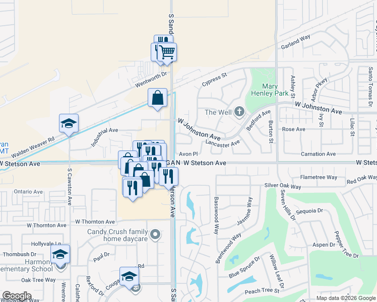 map of restaurants, bars, coffee shops, grocery stores, and more near 3180 Avon Place in Hemet