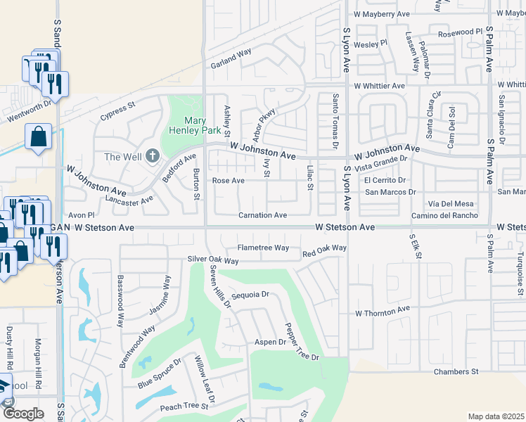 map of restaurants, bars, coffee shops, grocery stores, and more near 1079 Ivy Street in Hemet