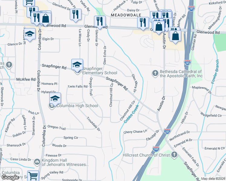 map of restaurants, bars, coffee shops, grocery stores, and more near 2046 Chestnut Hill Circle in Decatur