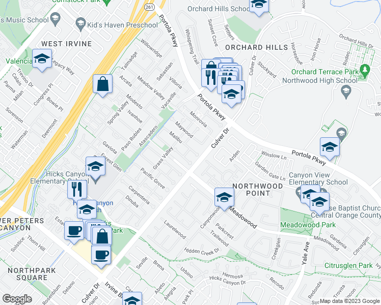 map of restaurants, bars, coffee shops, grocery stores, and more near 10 La Canada in Irvine