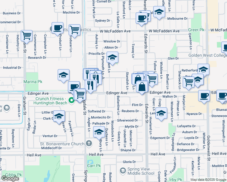map of restaurants, bars, coffee shops, grocery stores, and more near 15971 Pilgrim Circle in Huntington Beach