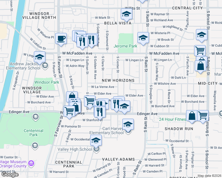 map of restaurants, bars, coffee shops, grocery stores, and more near 2205 West La Verne Avenue in Santa Ana