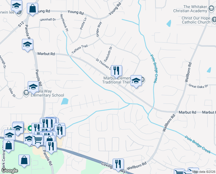 map of restaurants, bars, coffee shops, grocery stores, and more near 5645 Wellborn Oaks Court in Lithonia