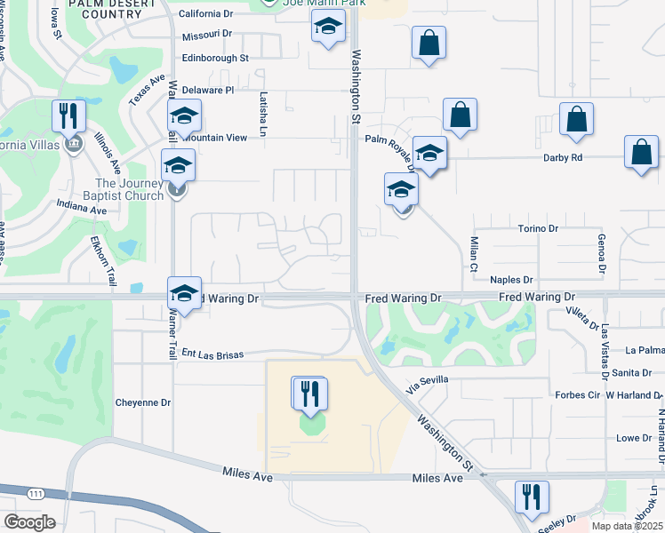 map of restaurants, bars, coffee shops, grocery stores, and more near 77955 Cll Las Brisas South in Palm Desert