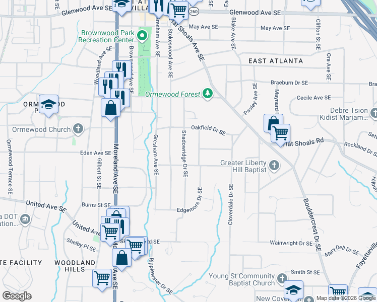 map of restaurants, bars, coffee shops, grocery stores, and more near 864 Shadowridge Drive Southeast in Atlanta