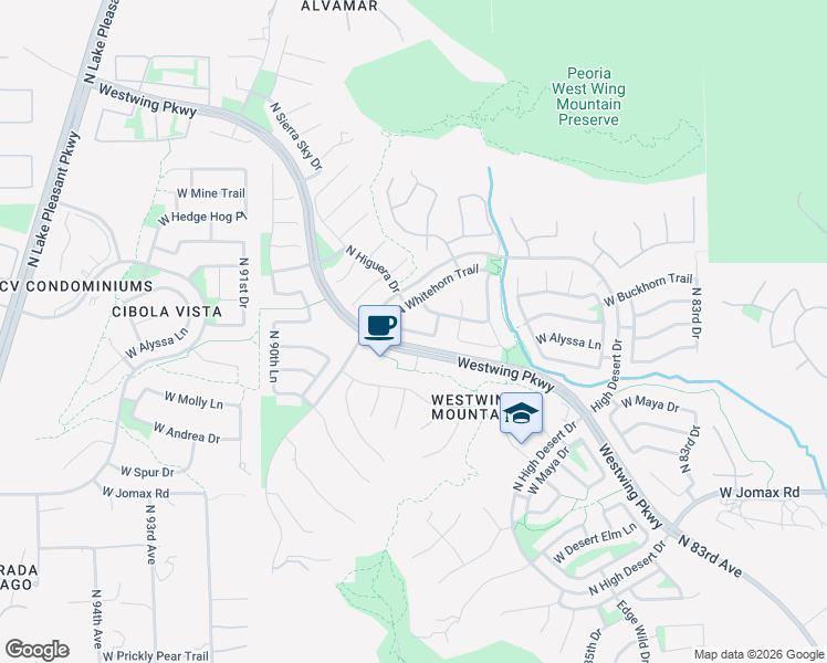 map of restaurants, bars, coffee shops, grocery stores, and more near 8690 West Bajada Road in Peoria