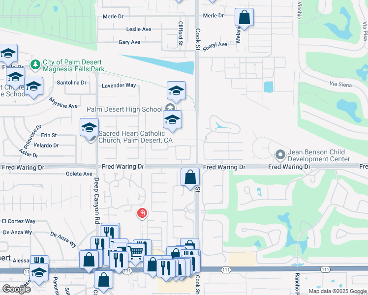 map of restaurants, bars, coffee shops, grocery stores, and more near 74955 San Simeon Drive in Palm Desert