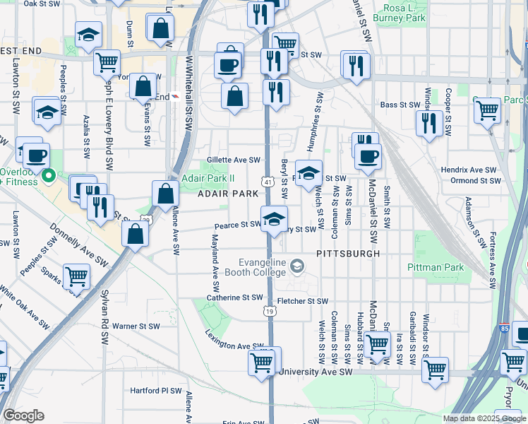 map of restaurants, bars, coffee shops, grocery stores, and more near 905 Metropolitan Parkway Southwest in Atlanta