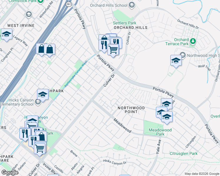 map of restaurants, bars, coffee shops, grocery stores, and more near 78 Shadywood in Irvine