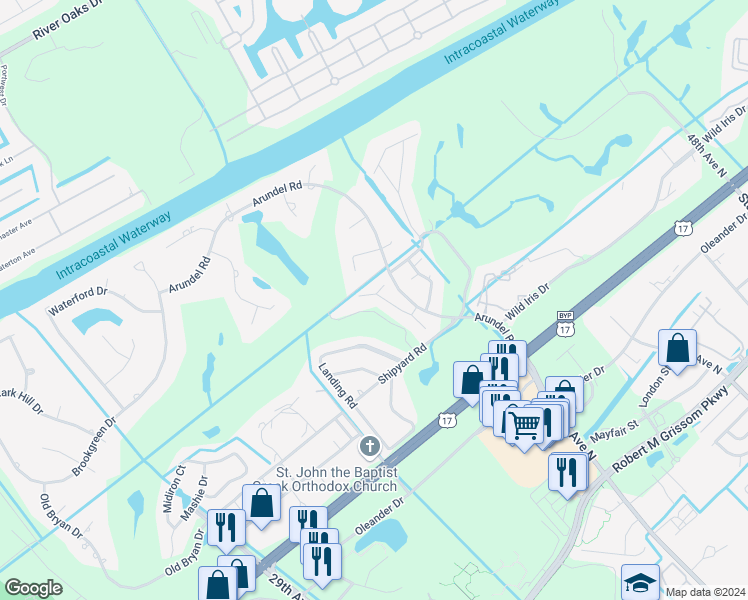 map of restaurants, bars, coffee shops, grocery stores, and more near 3776 Bentley Court in Myrtle Beach