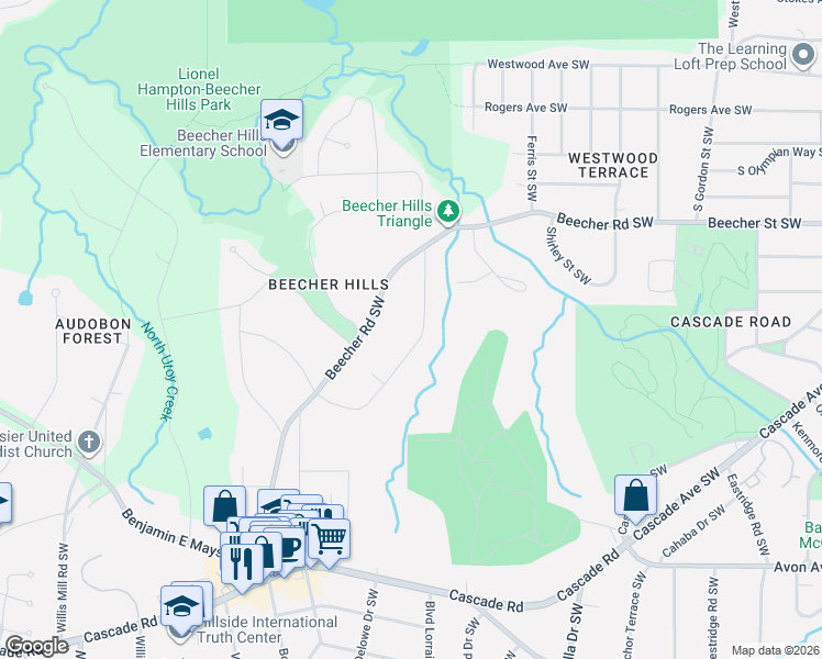 map of restaurants, bars, coffee shops, grocery stores, and more near 2099 Highview Road Southwest in Atlanta