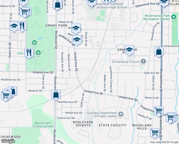 map of restaurants, bars, coffee shops, grocery stores, and more near 857 Charles Bank Avenue Southeast in Atlanta