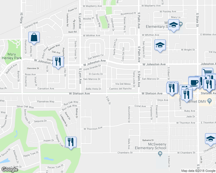 map of restaurants, bars, coffee shops, grocery stores, and more near 1066 South Elk Street in Hemet