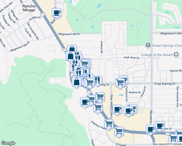 map of restaurants, bars, coffee shops, grocery stores, and more near 72280 California 111 in Palm Desert