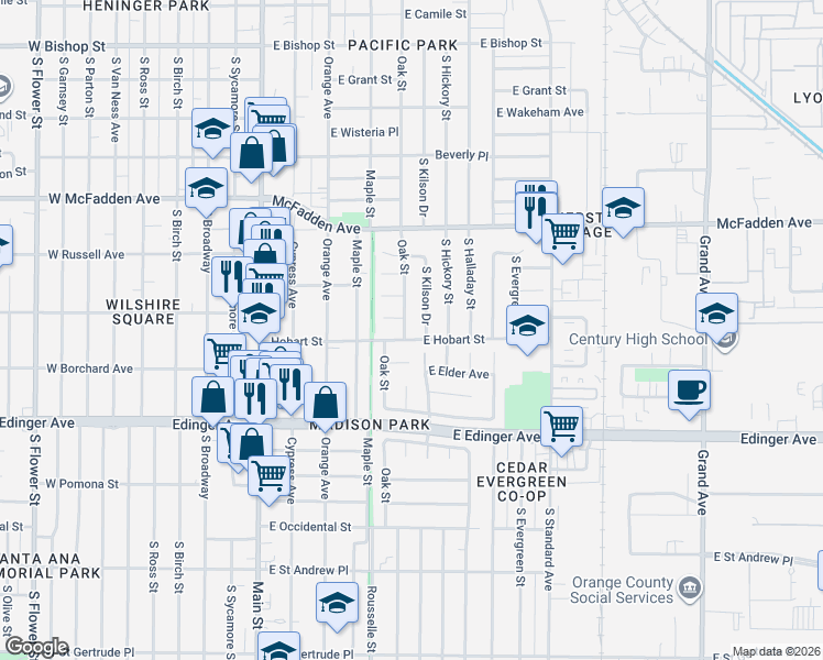 map of restaurants, bars, coffee shops, grocery stores, and more near 1311 Oak Street in Santa Ana