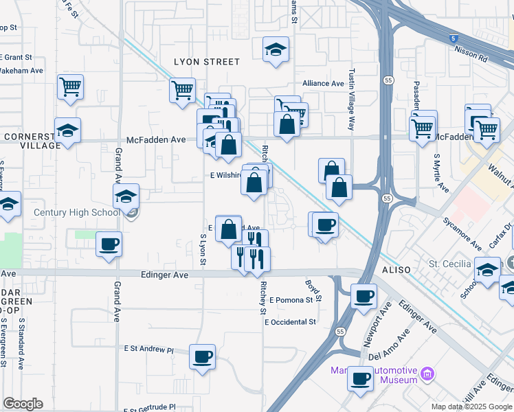 map of restaurants, bars, coffee shops, grocery stores, and more near 1404 Ritchey Street in Santa Ana