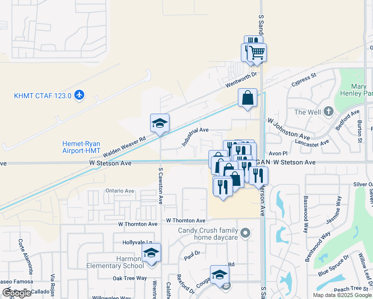 map of restaurants, bars, coffee shops, grocery stores, and more near 26900 Industrial Avenue in Hemet