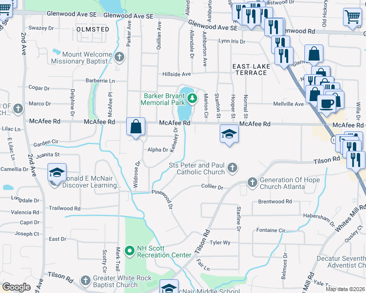 map of restaurants, bars, coffee shops, grocery stores, and more near 2024 McAfee Road in Decatur