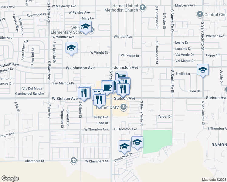 map of restaurants, bars, coffee shops, grocery stores, and more near 2 Stetson Avenue in Hemet