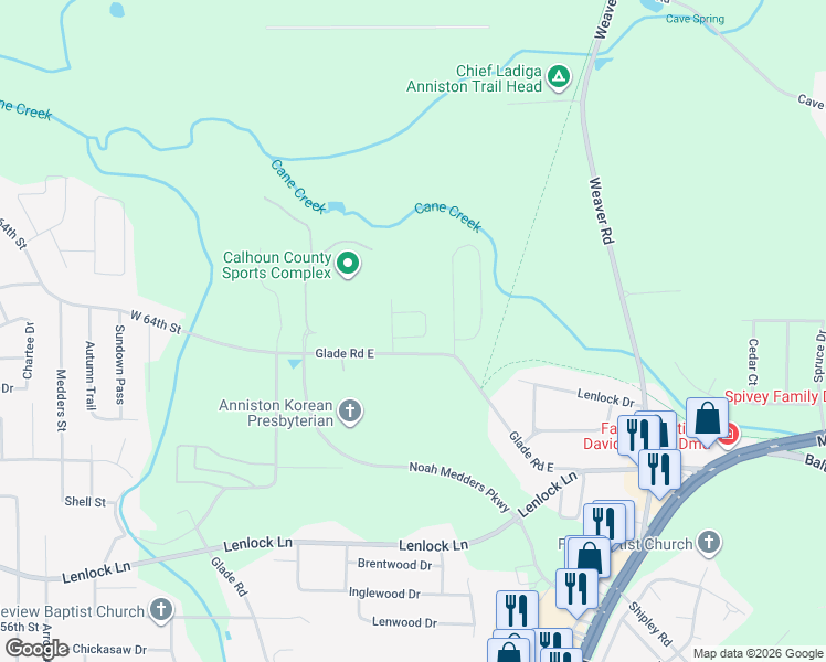 map of restaurants, bars, coffee shops, grocery stores, and more near 908 Willow Pointe in Anniston