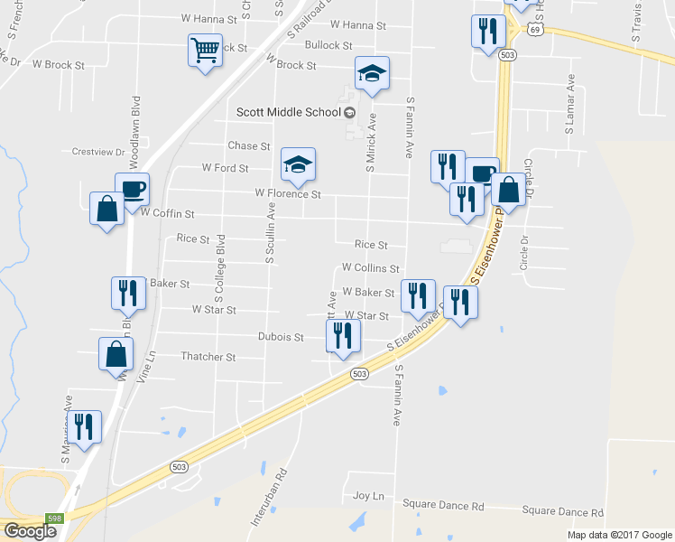map of restaurants, bars, coffee shops, grocery stores, and more near 630 West Collins Street in Denison
