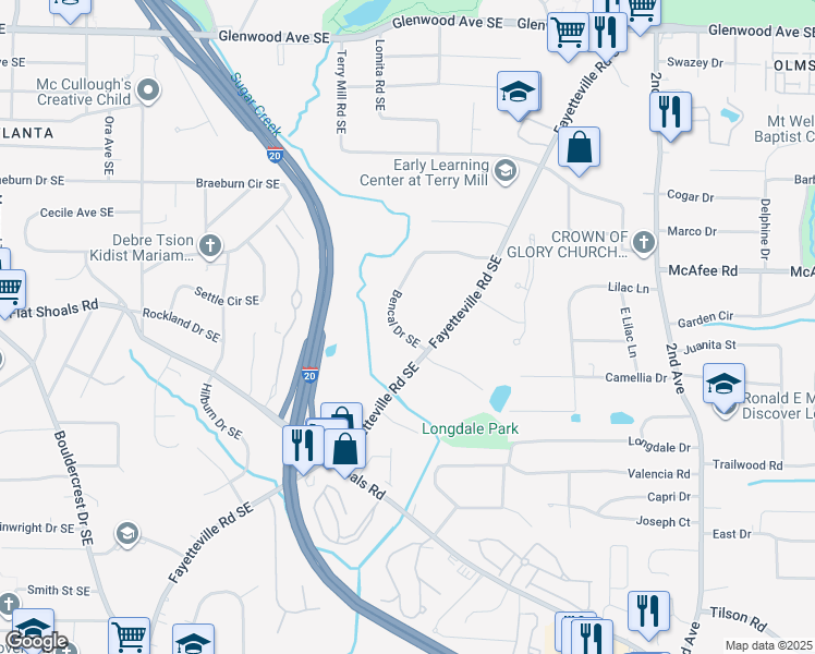 map of restaurants, bars, coffee shops, grocery stores, and more near 2080 Bencal Drive Southeast in Atlanta