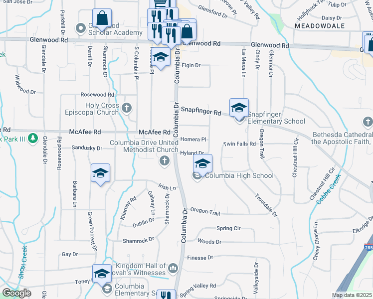 map of restaurants, bars, coffee shops, grocery stores, and more near 3388 Hyland Drive in Decatur