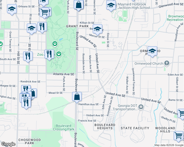 map of restaurants, bars, coffee shops, grocery stores, and more near 888 Marion Avenue Southeast in Atlanta