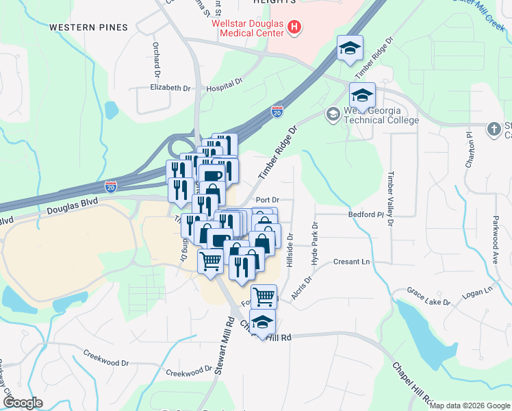 map of restaurants, bars, coffee shops, grocery stores, and more near 4851 Port Drive in Douglasville
