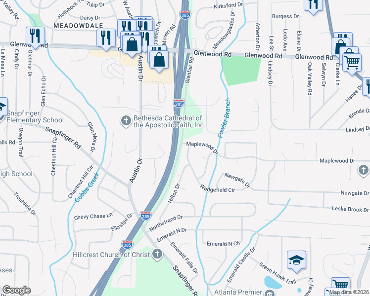 map of restaurants, bars, coffee shops, grocery stores, and more near 3833 Wedgefield Circle in Decatur