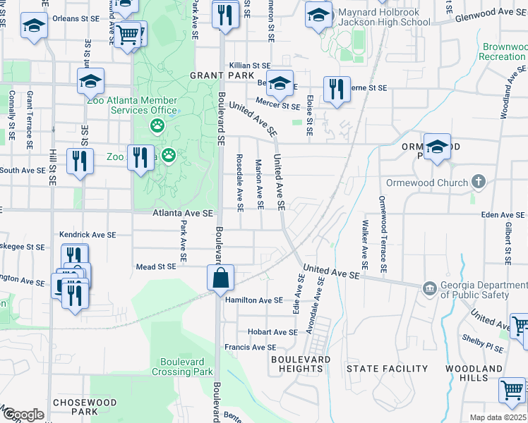 map of restaurants, bars, coffee shops, grocery stores, and more near 888 Marion Avenue Southeast in Atlanta