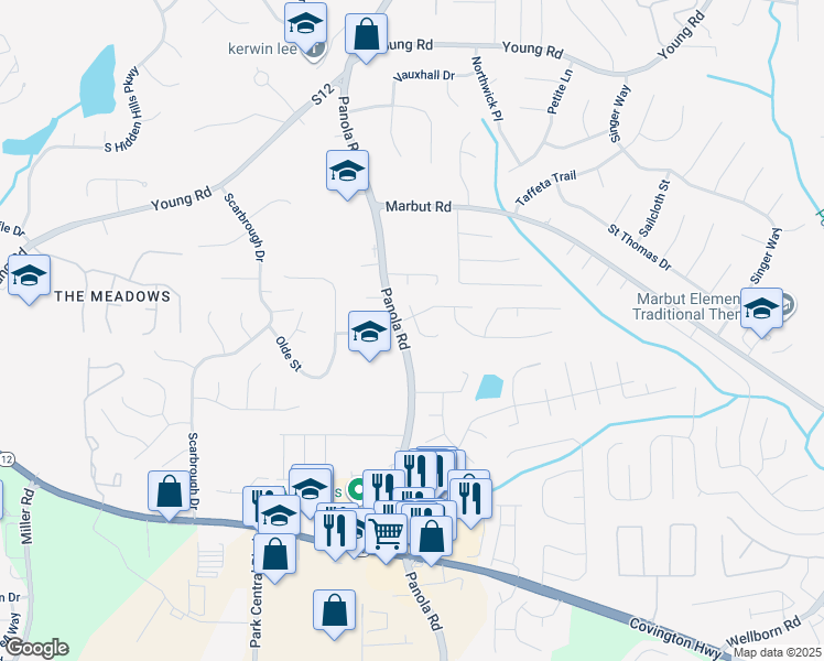 map of restaurants, bars, coffee shops, grocery stores, and more near 2023 Downs Place in Lithonia