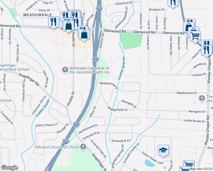 map of restaurants, bars, coffee shops, grocery stores, and more near 3905 Maplewood Drive in Decatur