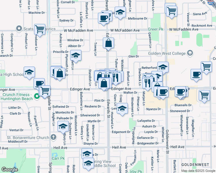 map of restaurants, bars, coffee shops, grocery stores, and more near 6501 Edinger Ave in Huntington Beach