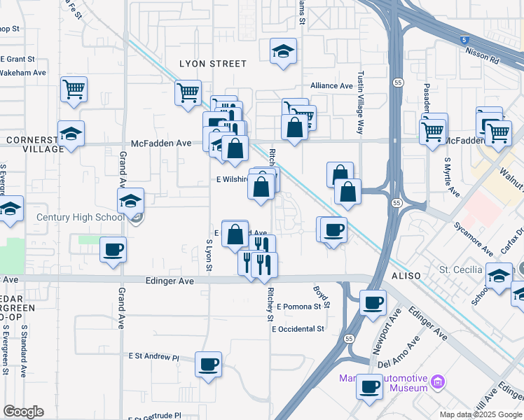 map of restaurants, bars, coffee shops, grocery stores, and more near 1404 Ritchey Street in Santa Ana