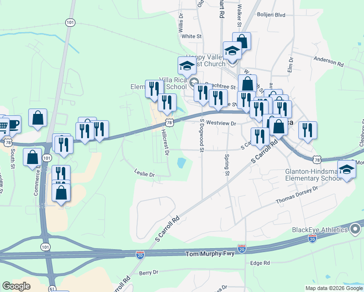 map of restaurants, bars, coffee shops, grocery stores, and more near 411 South Candler Street in Villa Rica