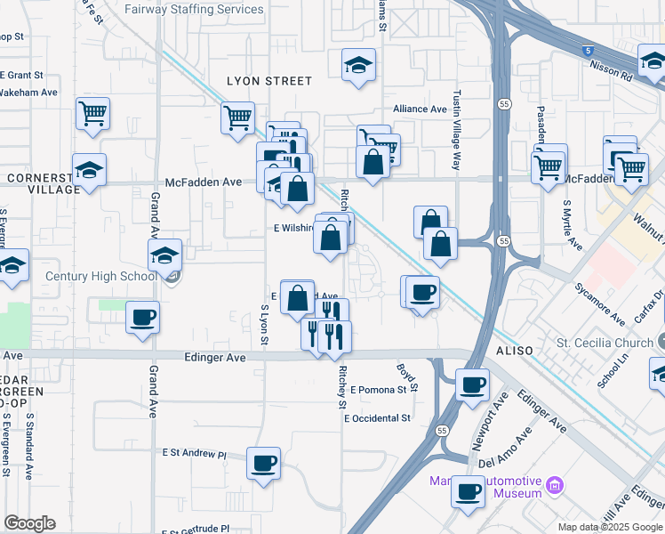 map of restaurants, bars, coffee shops, grocery stores, and more near 1412 Ritchey Street in Santa Ana