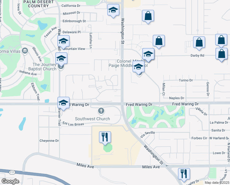 map of restaurants, bars, coffee shops, grocery stores, and more near 77-955 Cll Las Brisas South in Palm Desert