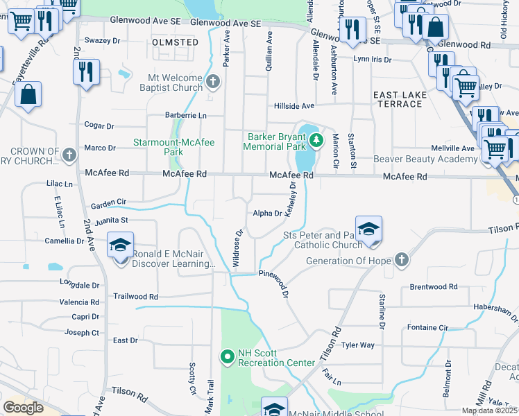 map of restaurants, bars, coffee shops, grocery stores, and more near 2238 Alpha Drive in Decatur