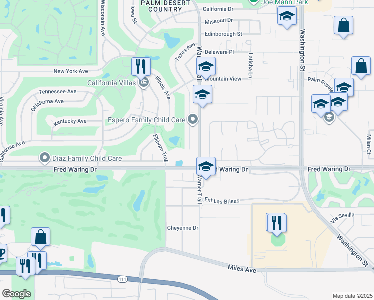 map of restaurants, bars, coffee shops, grocery stores, and more near 43725 Texas Avenue in Palm Desert