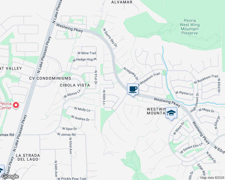 map of restaurants, bars, coffee shops, grocery stores, and more near 9019 West Quail Track Drive in Peoria