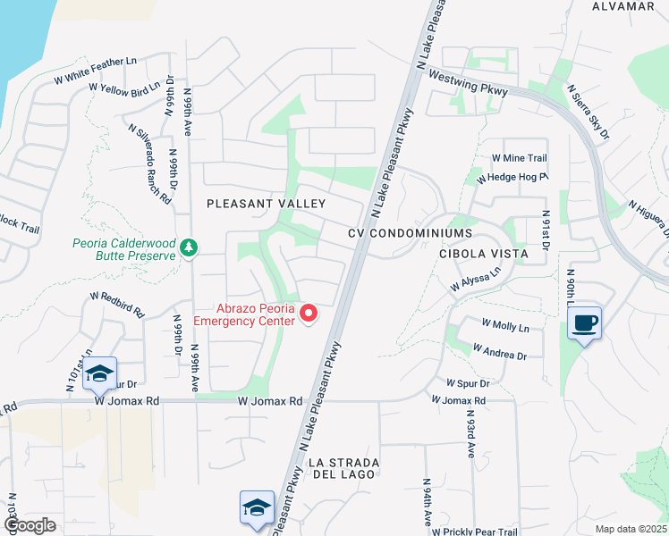 map of restaurants, bars, coffee shops, grocery stores, and more near 9582 West Quail Track Drive in Peoria