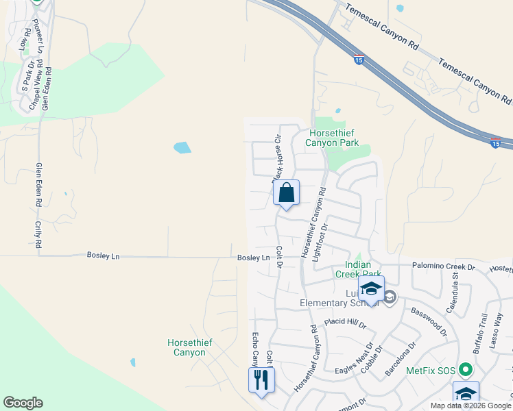 map of restaurants, bars, coffee shops, grocery stores, and more near 26875 Black Horse Circle in Corona