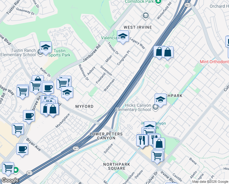 map of restaurants, bars, coffee shops, grocery stores, and more near 38 Sapphire in Irvine
