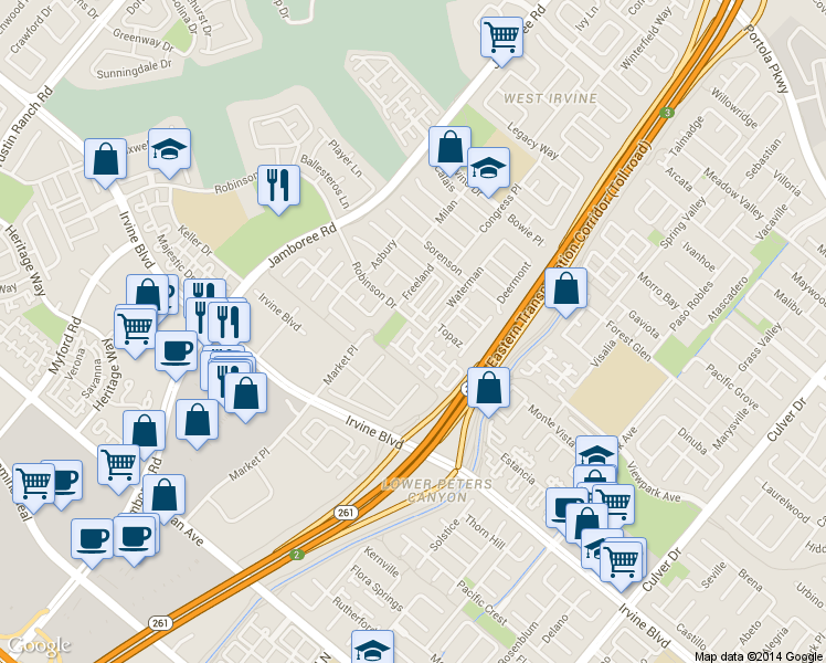 map of restaurants, bars, coffee shops, grocery stores, and more near 8 Cliffwood in Irvine