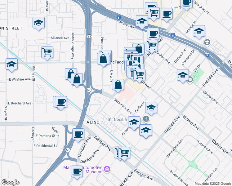 map of restaurants, bars, coffee shops, grocery stores, and more near 14707 Newport Avenue in Tustin