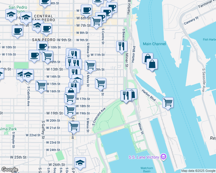 map of restaurants, bars, coffee shops, grocery stores, and more near 251 West 15th Street in Los Angeles