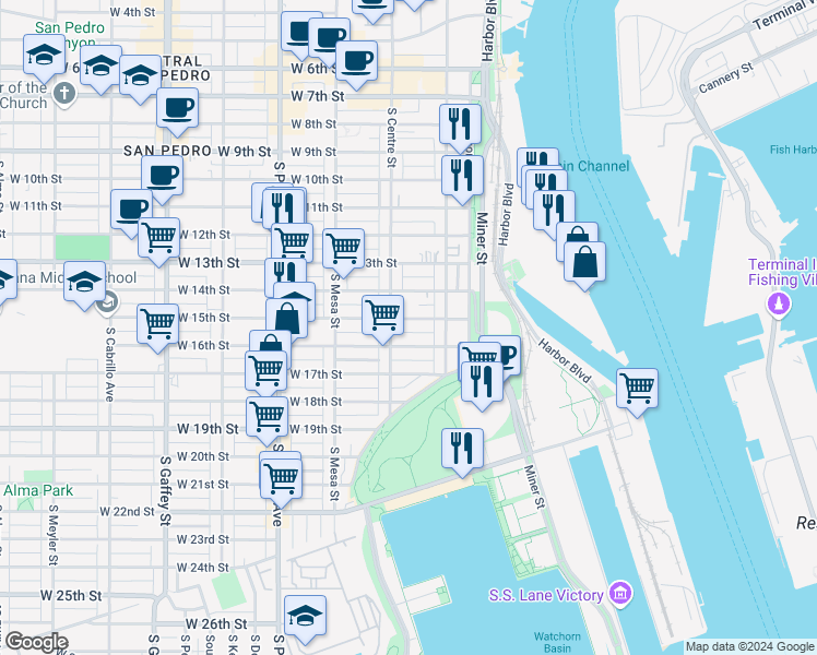 map of restaurants, bars, coffee shops, grocery stores, and more near 251 West 15th Street in Los Angeles