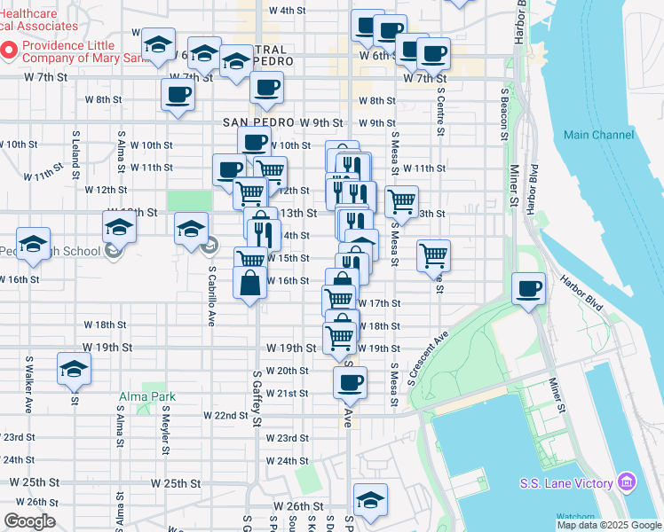 map of restaurants, bars, coffee shops, grocery stores, and more near 1505A South Pacific Avenue in Los Angeles