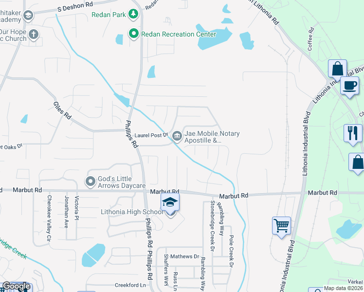 map of restaurants, bars, coffee shops, grocery stores, and more near 6365 Phillips Creek Drive in Lithonia